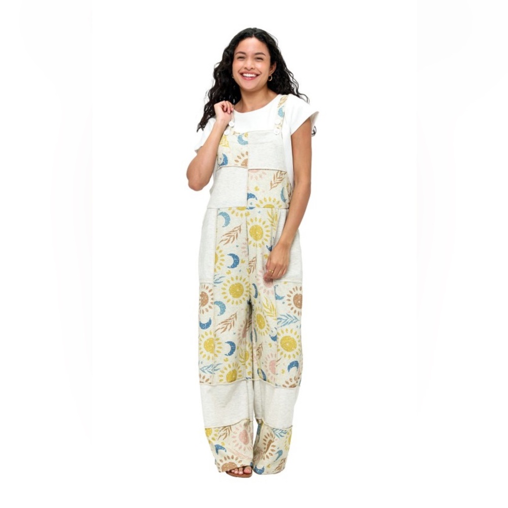 Patchwork Floral Sun & Moon Wide-Leg Overalls - Cream